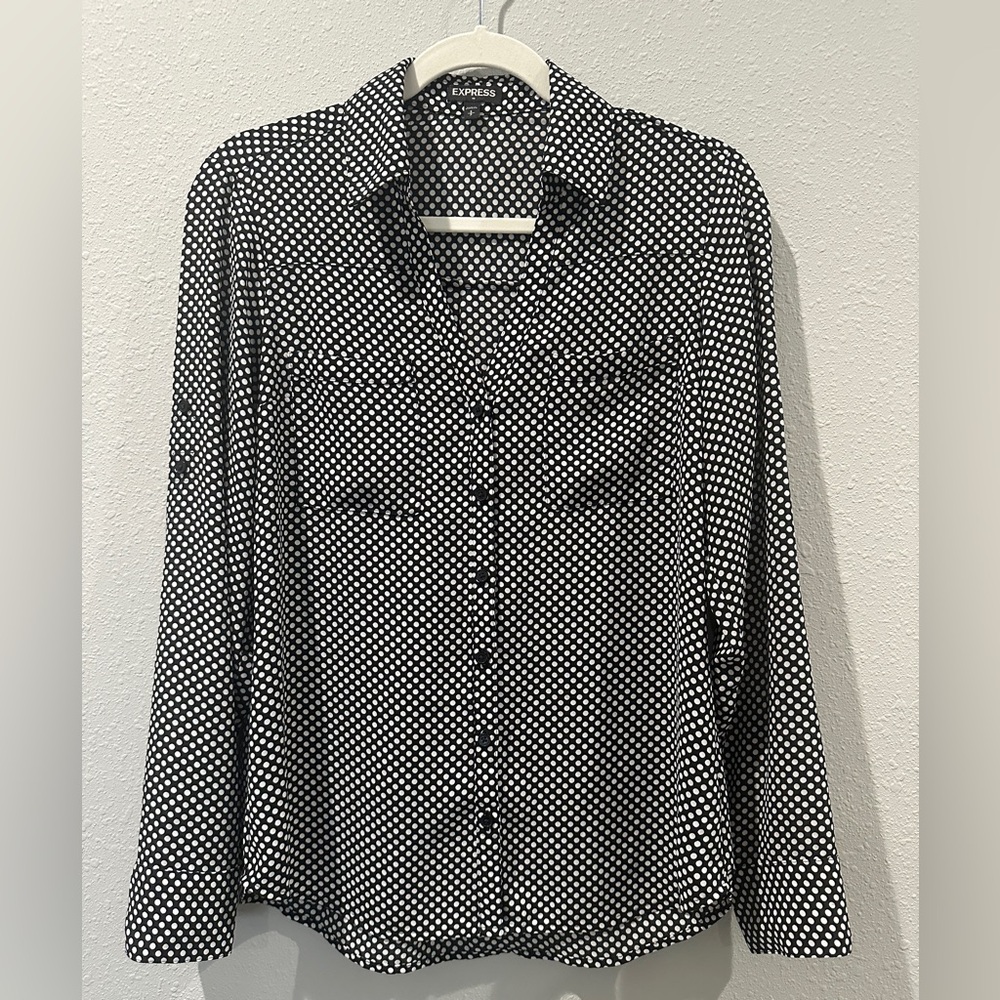 Express black and white polka dot button up small blouse